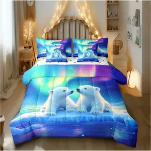 Polar Bear Comforter Set,7 Pieces,Kawaii Little Bear 3D Wildlife Kids Boys Teens,Rainbow Aurora Bedding Bed in a Bag