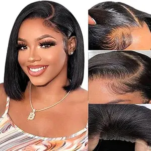 Bob Wig Human Hair Straight 4x4 HD Lace Front Wigs Bob Human Hair Pre Plucked with  Glueless Short Bob Wigs 180% Density Natural Color Bob Wig