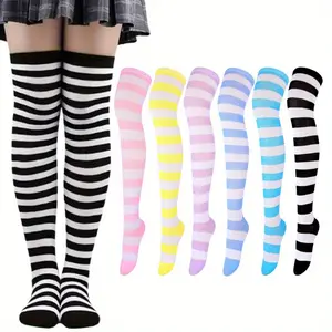 6 Pairs High Thigh Socks Striped Over Knee Thin Tights Long Stocking for Women Leg Mixed Candy Color Stripes