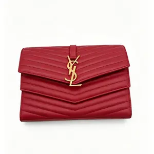 Pre-owned Yves Saint Laurent YSL Saint Laurent Red Full Leather V Pattern Double Layer Envelope Chain Bag 22.5*2*15cm th260401135