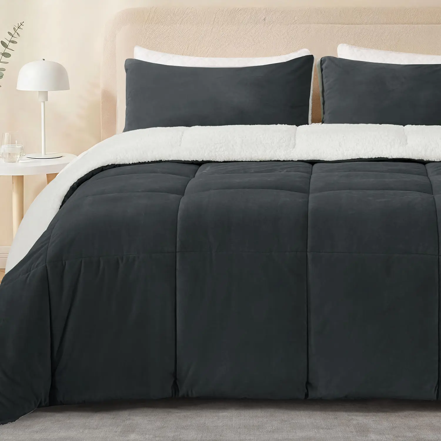 【TASTELIFE】Fluffy Sherpa Queen Size Bedding Comforter Sets Queen Comforter Set-3 Pieces Bed in a Bag Dark Grey Soft Comforter and Pillowcase Luxury Warm Bedding Set for Winter Down Fur Faux king