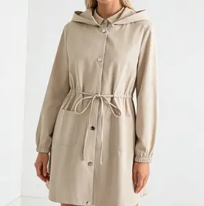Women's Beige Hooded Midi Jacket Dress - Button Down Drawstring Waist Casual Coat with Pockets, Long Sleeve Lightweight Outerwear for Fall & Spring