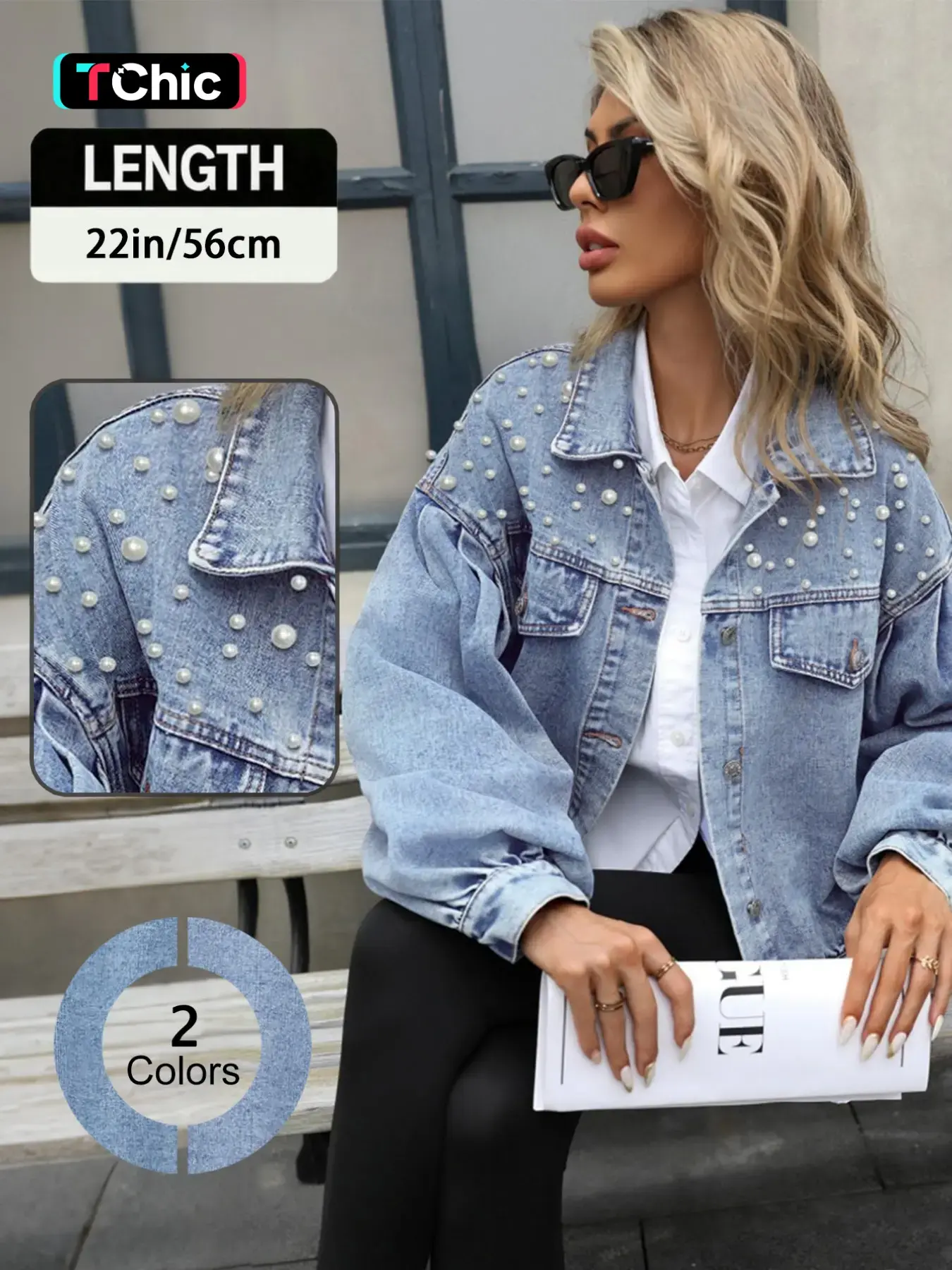 Women’s Beaded Loose-Fit Collared Denim Jacket, Stylish Versatile Casual Outerwear for Everyday Wear