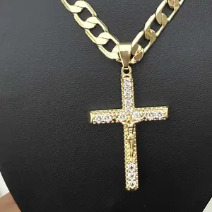 14k Gold Plated Cuban Chain 24 Inches 6mm with Crucifix Pendant Iced Brass CZ Diamonds Hip Hop Jewelry for All Occasions