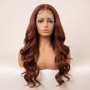26 inch 13x6 HD Lace Front Wig Body Wave Pre Plucked Natural Hairline Glueless Pre Layered Soft Synthetic Tangle Free curly bang long wavy lace hairline wig