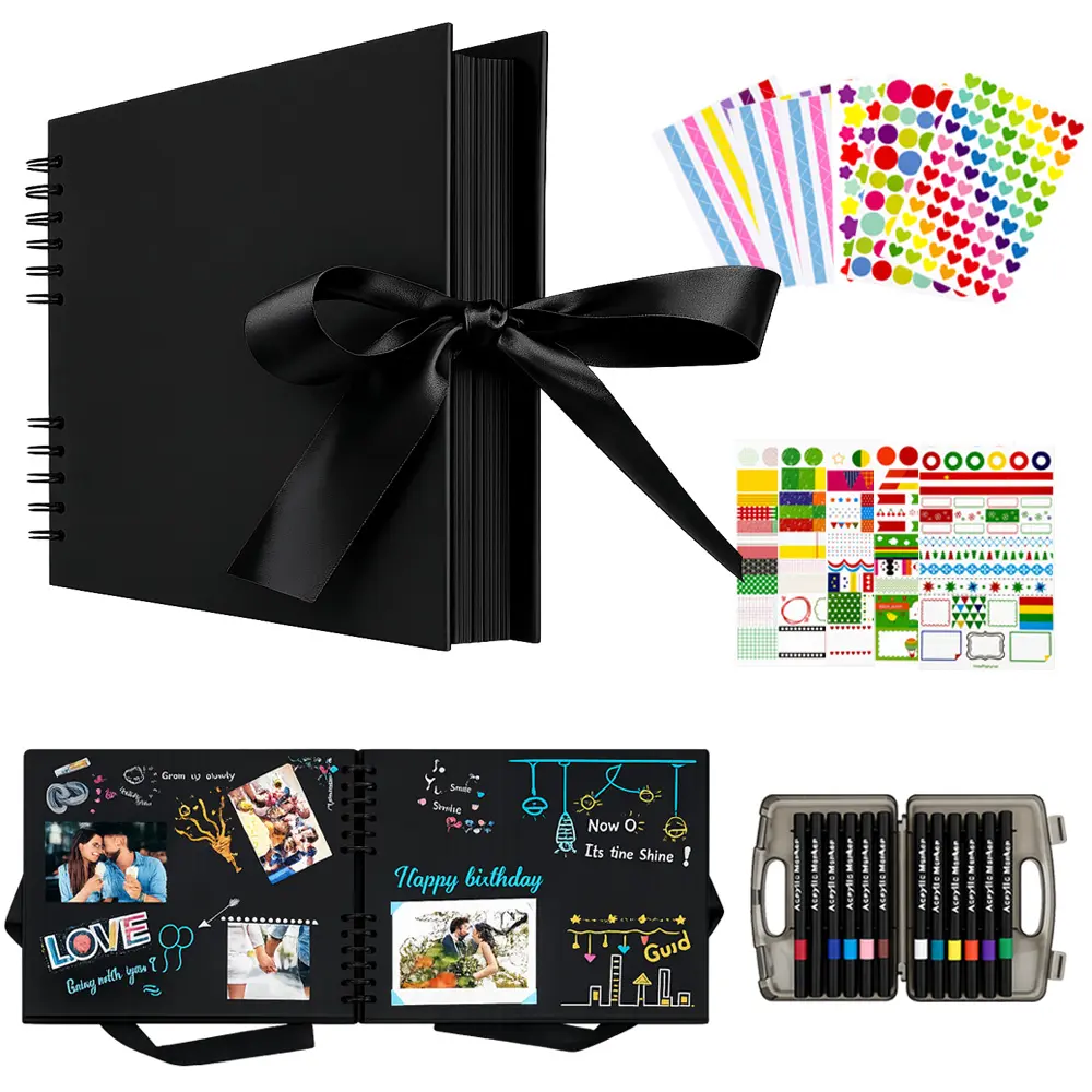 Travel Scrapbook Album - Self Adhesive 80 Black Pages, Large Scrapbook Wedding Guest Book for DIY Anniversary Travel Memory Scrapbooking (Black 8X12)