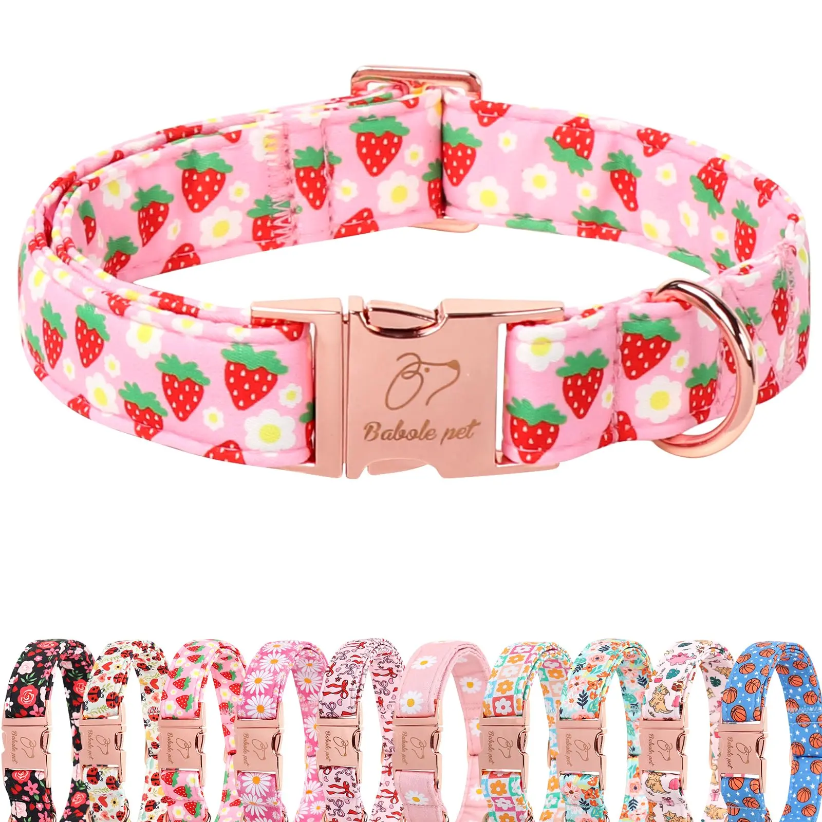 Babole Pet Strawberry Dog Collar - Puppy Collars with Metal Buckle, Quick Release, Stain Resistant Cotton Fabric, Adjustable Universal Fit for Small, Medium, Large Dogs