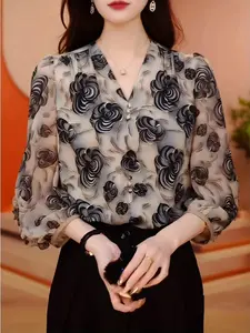 Summer Thin Soft Lightweight French V-Neck Floral Printed Chiffon Blouse, Women's Loose Fit High-Quality Seven-Sleeve Top, Casual All over Print Shirt