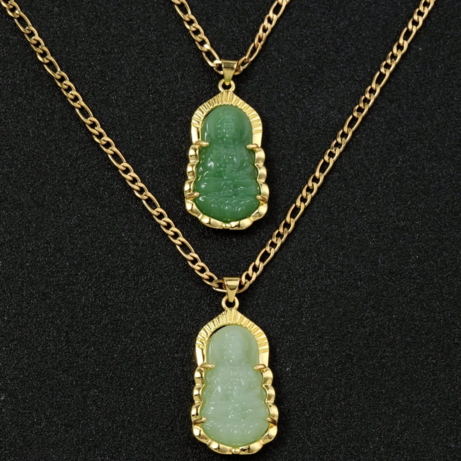 18K Gold Plated Green Guanyin Buddha Pendant Necklace for Men and Women Buddhist Jewelry for Daily Wear and Gift