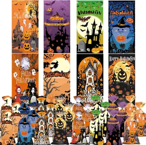 100PCS Halloween Treat Bags Candy Bags for Trick or Treat, 8 Designs Halloween Goodie Bags for Kids Party Supplies Cellophane Bags Party Favors for Kids