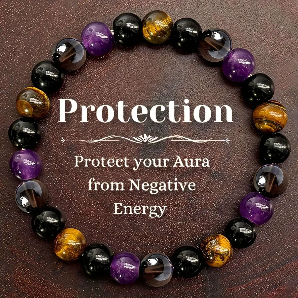 1pc Protection Bracelet with Tiger Eye & Amethyst Beads, Unscented Solid Elastic Aura Negative Energy Shield for Men and Women, Self-Care Jewelry Gift