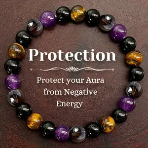 1pc Protection Bracelet with Tiger Eye & Amethyst Beads, Unscented Solid Elastic Aura Negative Energy Shield for Men and Women, Self-Care Jewelry Gift