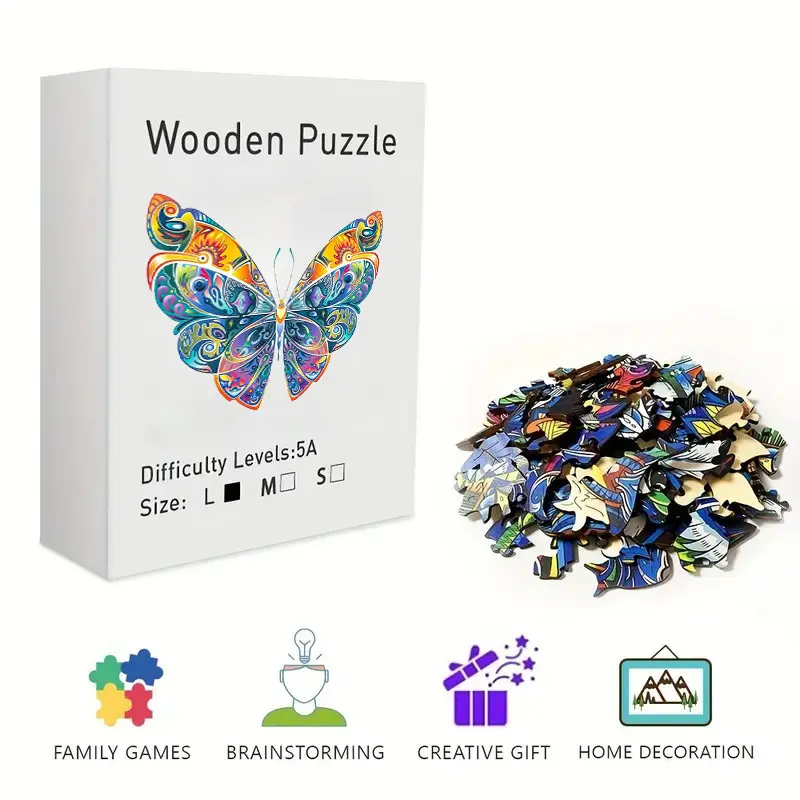 Vibrant Tribal Pattern Butterfly Wooden Jigsaw Puzzle for Adults & Kids - Challenging Irregular Pieces, Psychedelic Art Puzzle, Stress Relief Brain Teaser, Framable Wall Art & Home Decor