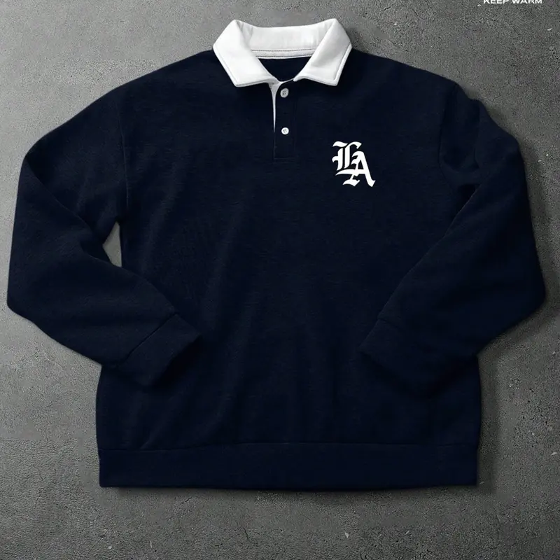 Men's loose-fitting long-sleeved sweatshirt with a contrasting polo collar, casual, suitable for autumn and winter, featuring a letter print.