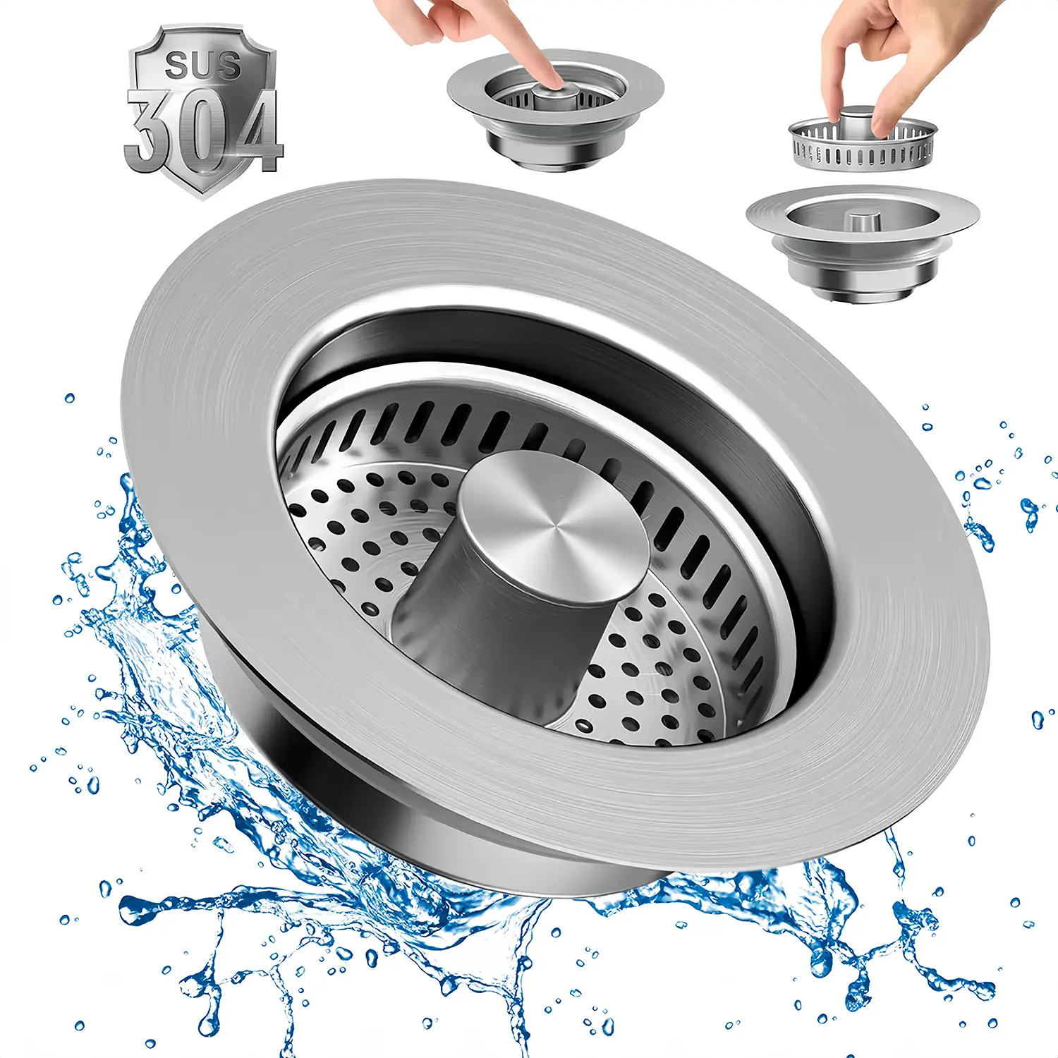 3-in-1 Kitchen Sink Drain Strainer, Stainless Steel Sink Plug, Deodorizing Anti-Clog Basket Strainer for US Standard 3-1/2 Inch Drains