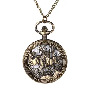 OIDEA Collectibles Running Horse Hollow Quartz Pocket Watch, Arabic Numeral Dial, 30.7" Long Necklace Chain (Unisex Fashion Watch Accessory)