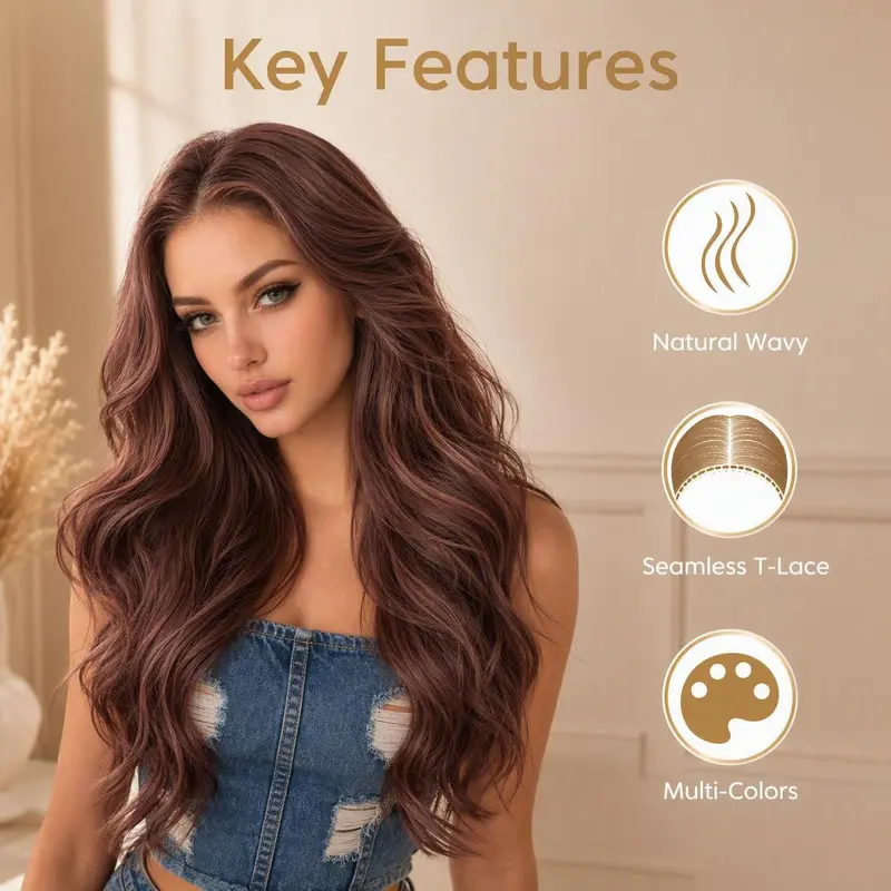 AOLIDA Female 26" Honey Brown Curly Wave Synthetic Lace Front Wig - T-Part Glueless Frontal, Heat-Friendly Kanekalon, Pre-Plucked Natural Hairline, Shed-Free, Tangle-Free Natural Looking Wig for Daily Protective Wear