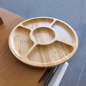 1 piece of solid wood five-section food tray - multi-functional fruit, snack, and dessert tray - bamboo and wood tray - smooth edges and rounded corners - dining table and party dish - natural, sturdy and durable round plate - home party decoration tray