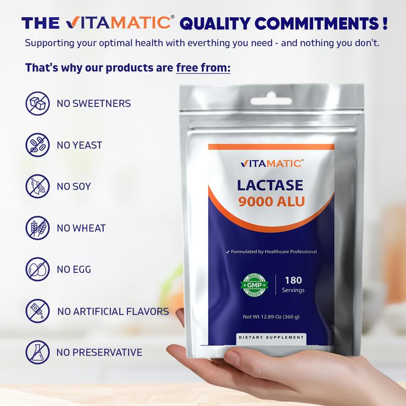 Vitamatic Lactase Enzyme Powder 9000 ALU Per Serving 180 Servings Supports Lactose Digestion Non-GMO Gluten Free Formulated by Healthcare Professional Vitamin Dietary