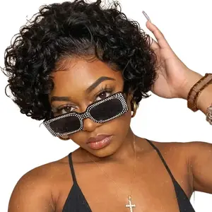 Pixie Cut Wig Human Hair 13x1 Lace Frontal Wigs Short Bob Human Hair Wig For Women Spring Curl Natural Black Color