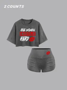 Two-Piece Set Women's Letter Print Loose Fit Crop Tee & Lip Print Shorts, Casual Fashion Cozy Round Neck Short Sleeve T-shirt & Skinny Shorts for Daily Outdoor Wear, Ladies Summer Clothes, Suits, Womenswear Tops