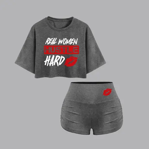 Women's Two-Piece Set, Letter Print Loose-Fit Crop Tee & Lip Print Skinny Shorts for Daily Outdoor Wear, Casual Round-Neck Short-Sleeve Summer Outfit, Womenswear, Clothes
