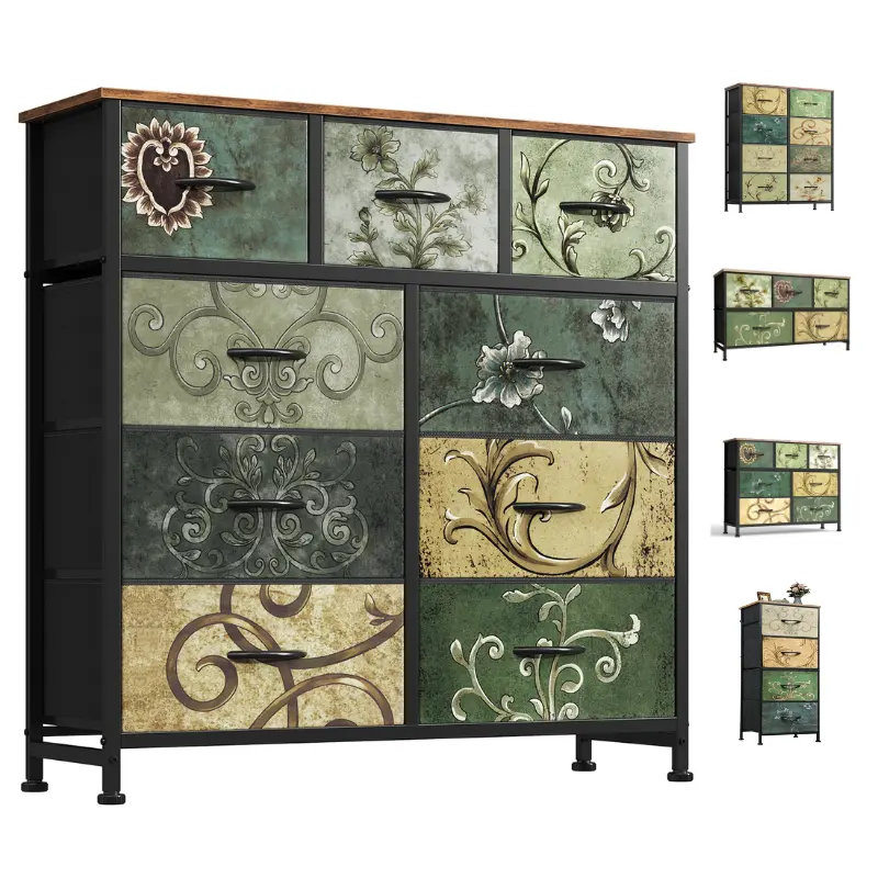 9 Drawers Dresser, Vintage Storage Organizer Unit with Fabric Bins for Bedroom, Living Room, Closet, Nusery, Dorm, Entryway, Bedside Furniture, Sturdy Metal Frame, Wood Top 9-Drawer Dresser for Bedroom, Anti-Tip Tall Storage Organizer Chest of Drawers