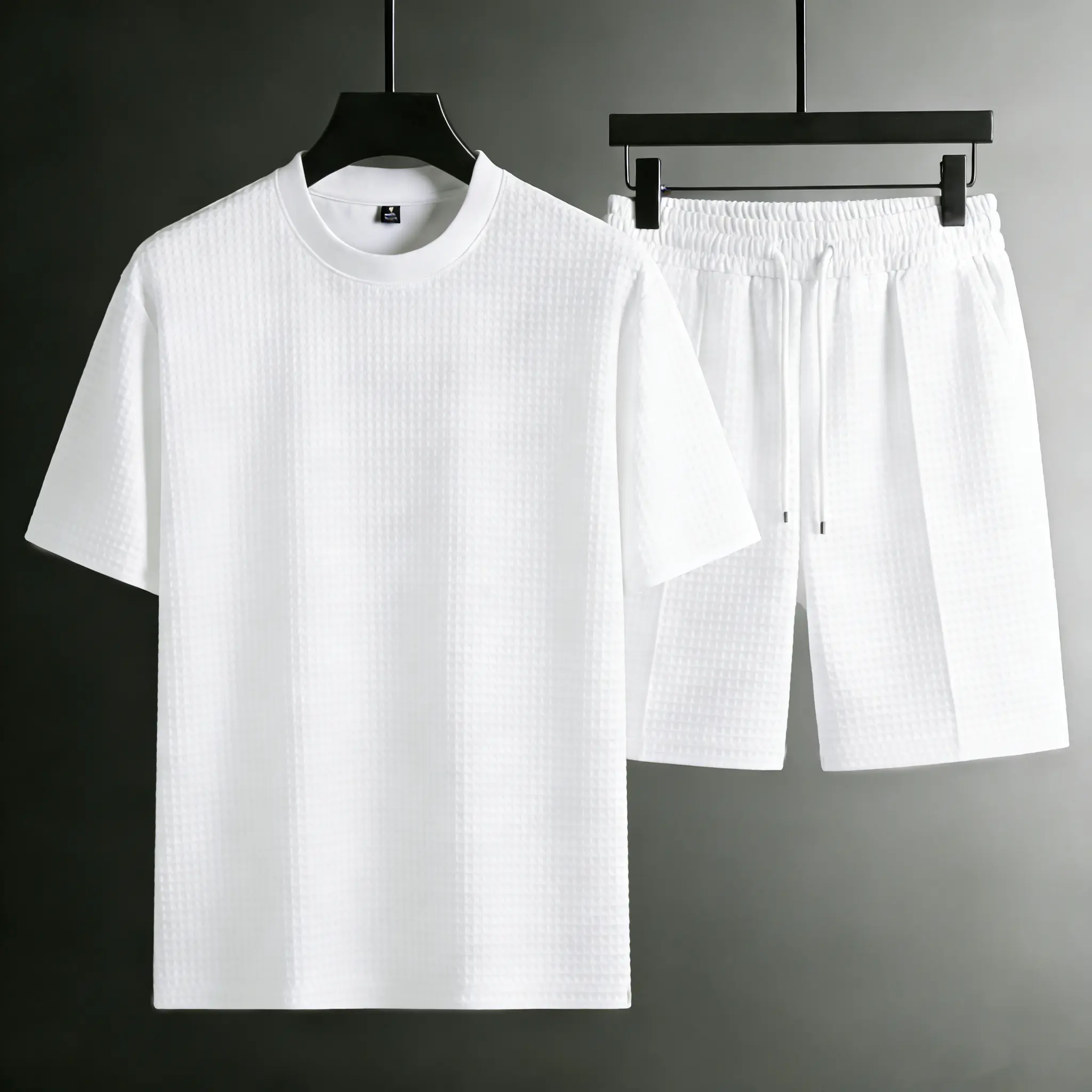 Men's 2 Piece Waffle Knit Tracksuit | Short Sleeve T-Shirt & Drawstring Shorts Set With Pocket Casual Menswear