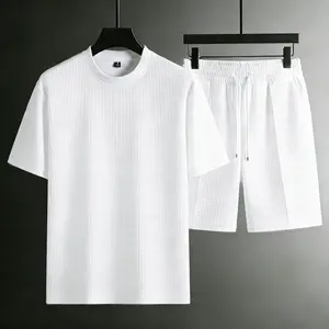 Men's 2 Piece Waffle Knit Tracksuit | Short Sleeve T-Shirt & Drawstring Shorts Set With Pocket