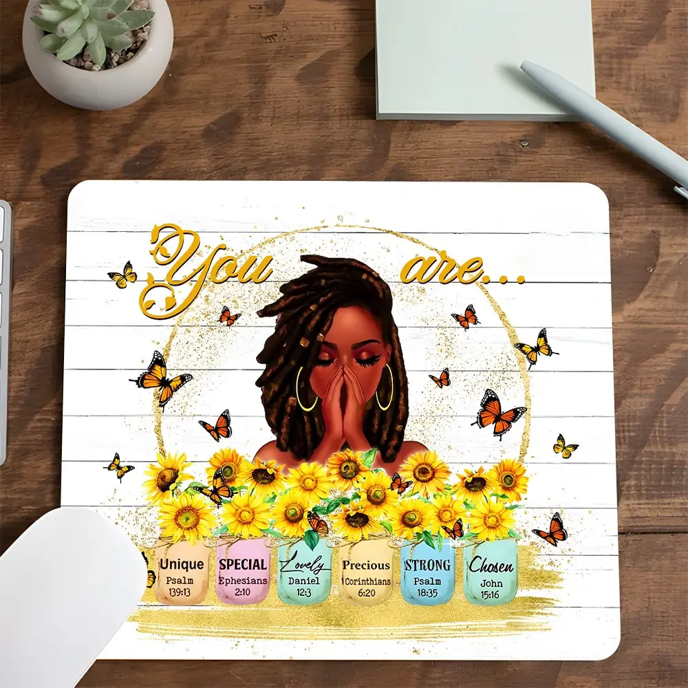 Healing Sunflower Black Woman Style Square Mouse Pad, Desk Accessories, Warm Inspirational Desktop Decoration Protection Pad, Rubber Non-Slip Lock Edge Work Pad, Small Size For Laptop Desktop Games Work, Gift For Family And Friends