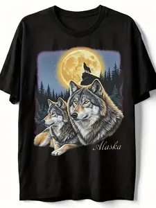 Alaska Wolves T-Shirt Featuring a Wolf Howling at The Full Moon, Perfect for Wildlife Enthusiasts. Unisex Design for Summer , Made from 220G Pure with Short Sleeves.