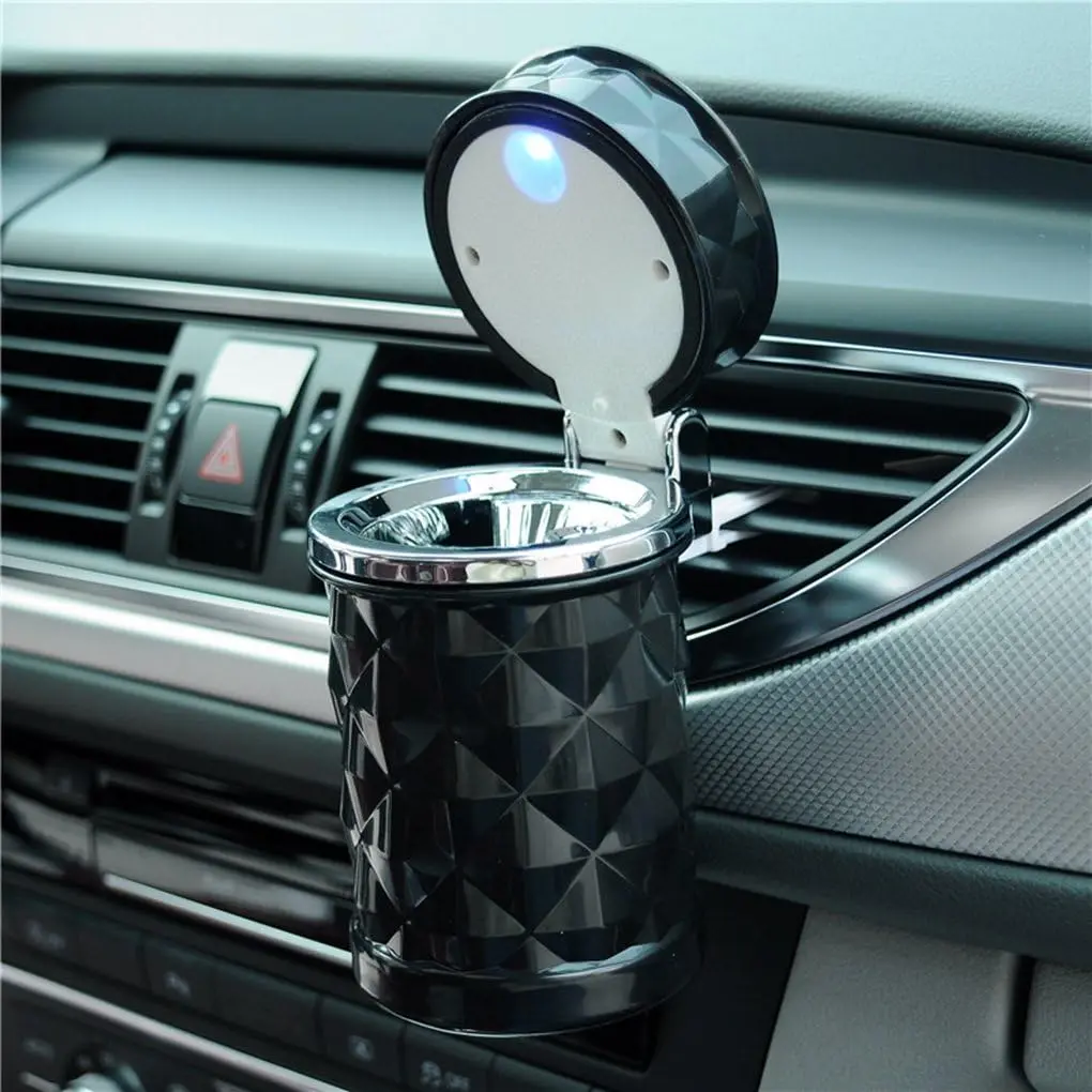 1x Portable Car Ashtray, Round Plastic Smokeless Auto Ashtray with Blue LED Light & Night Vision, Cylinder Car Cup Holder Accessory (Black, 145g), 5.8Cm Diameter