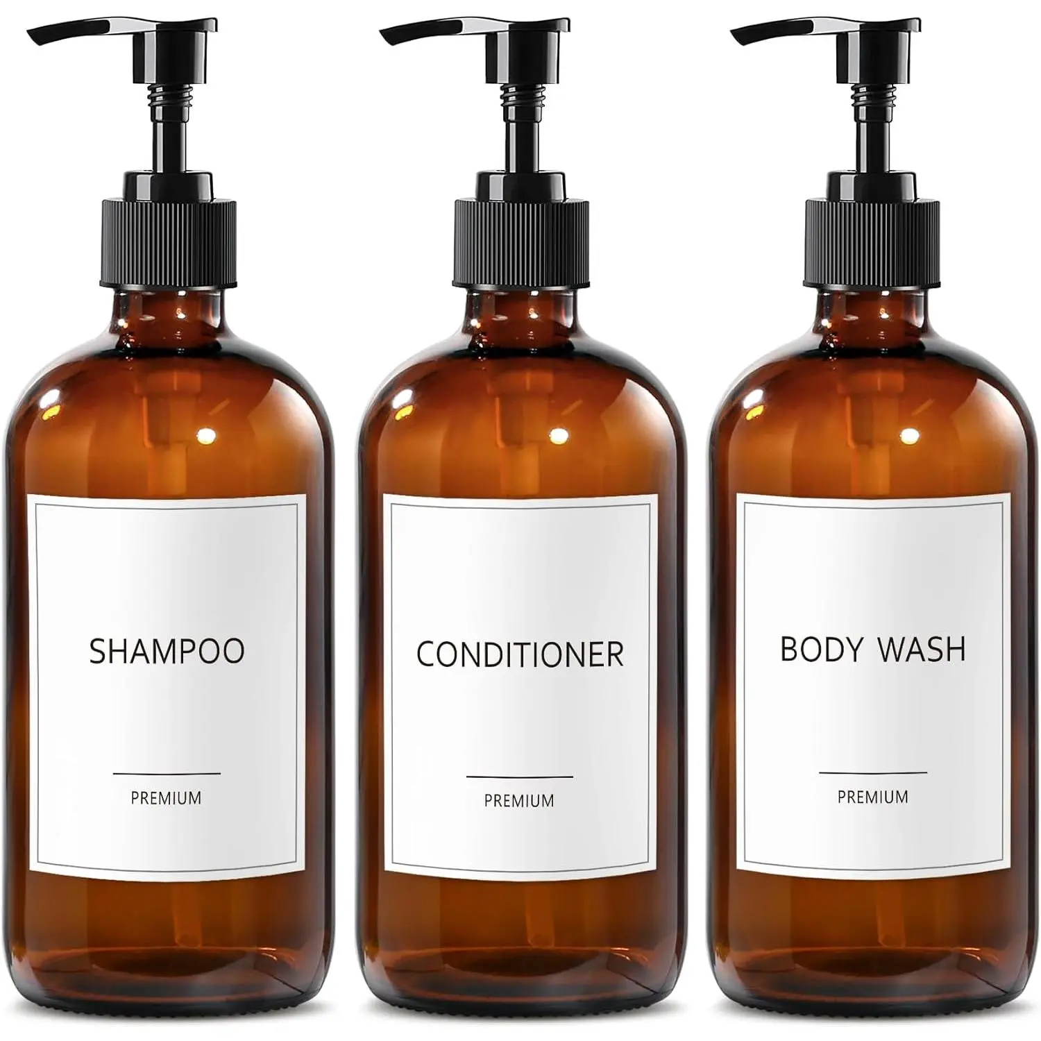 Glass Shampoo and Conditioner Dispenser, Shower Soap Dispenser Bottles with Labels, Refillable Shampoo Conditioner  Wash Dispensers,  Glass Soap Pump Dispenser Set for Bathroom Shower
