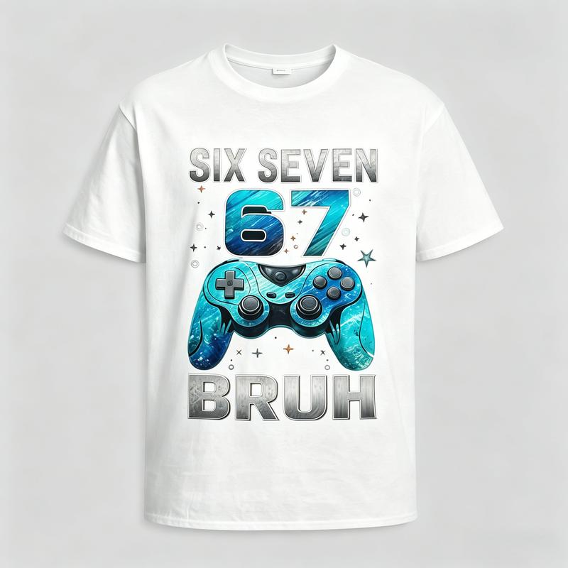 Men's 67 Bruh Gaming Controller Graphic Cotton Crew Neck T-Shirt - Cool Retro Video Game Streetwear, Casual, Foldable, All-Seasons Short-Sleeve, Ideal Christmas/Birthday Gift for Young Gamers