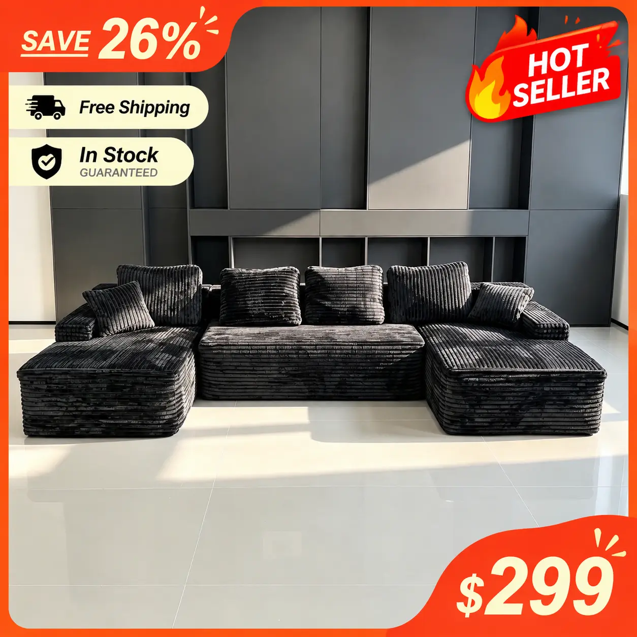 131-inch Frameless Modular Combination Pull Out Couch - Soft Fabric Cloud Sofa, Boneless Sectional Convertible Indoor Sofa, Modern Durable Comfortable Living Room Furniture, No Assembly Required