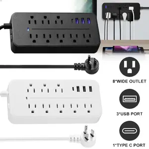 Wall Mountable USB Surge Protector Power Strip Extension Cord , 8 Outlets, 3 USB A & 1 USB-C Port,  Wall Mount Desk Power Strip Black/White