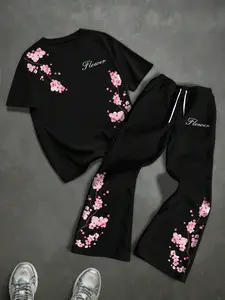 Men's Summer Spring Casual Floral Cherry Blossom Print T-Shirt and Sports Pants Set, Outdoor, Retro Street Style, Short Sleeve, Slim Fit, All Seasons