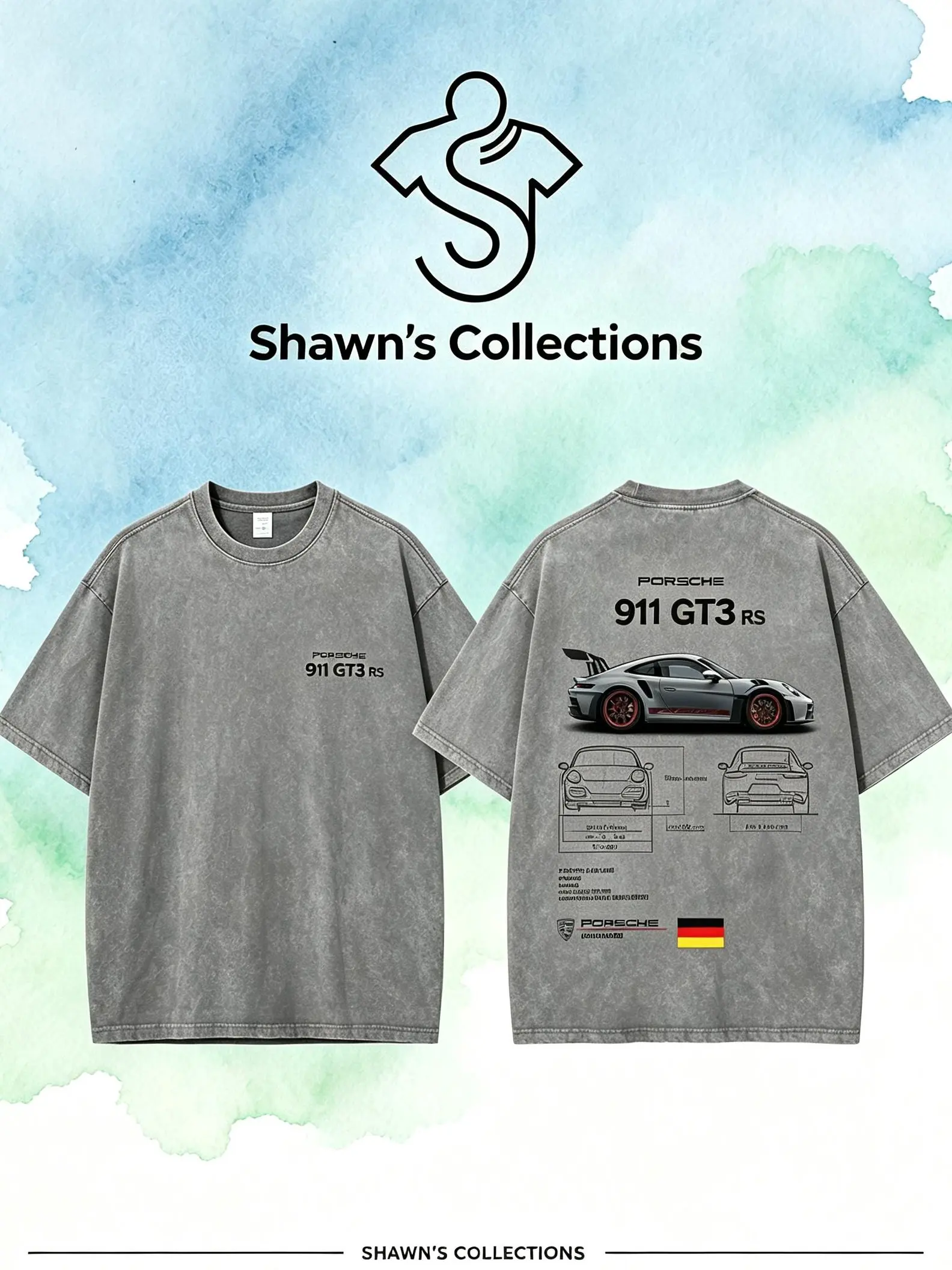 Shawn's Vintage Washed Oversized Porsche 911 GT3 RS T-Shirt,Sports Car Graphic Tee,Front Small Logo Back 911 GT3 RS Blueprint Print Short Sleeve,Mens Heavyweight Vintage Streetwear Loose Fit Grunge Aesthetic Casual Top,Car Enthusiast Cotton Statement Tee