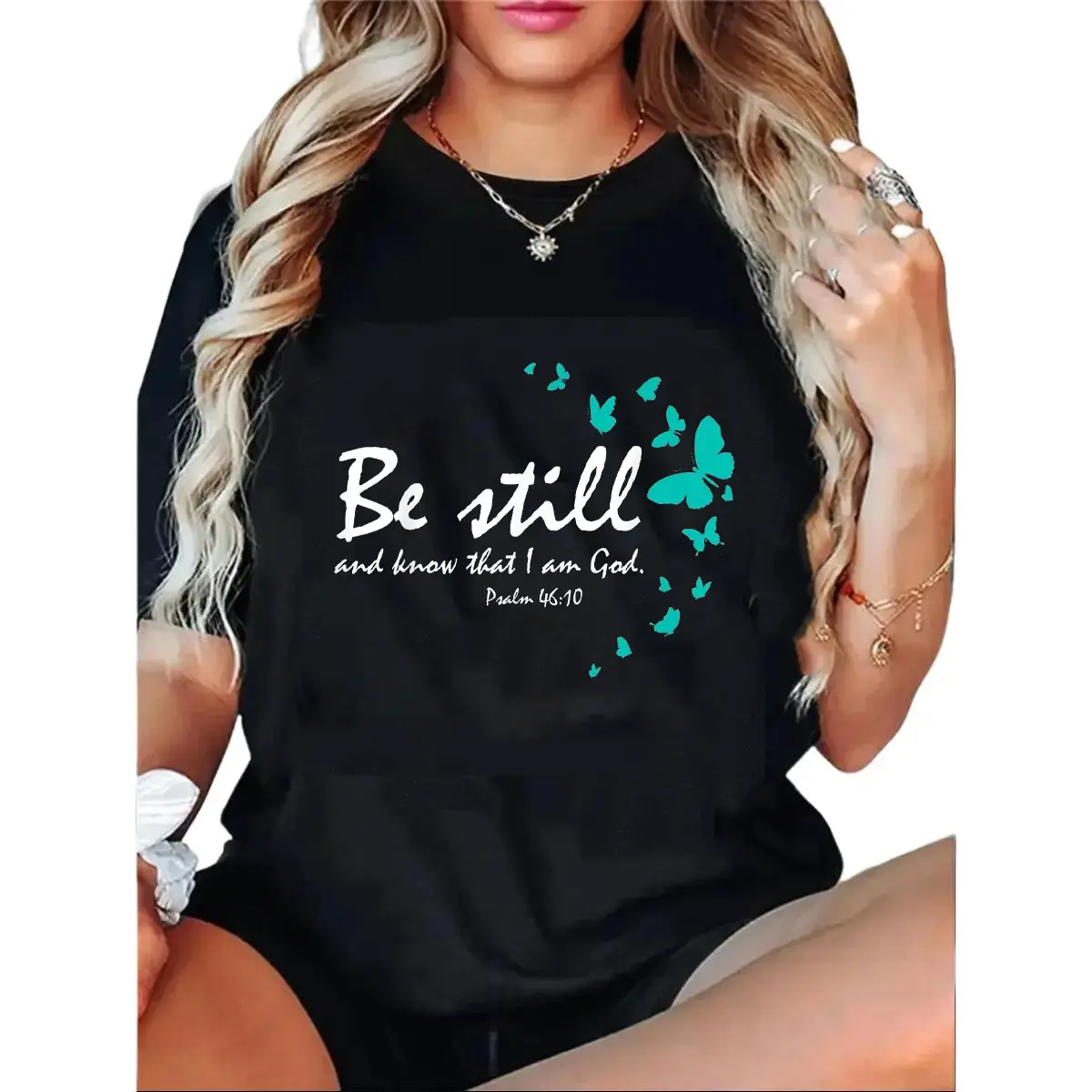 Cotton Unisex Christian Bible Verse Gifts Religious Butterfly Be Still God T-Shirt Casual Graphic Printed Vintage Tshirt