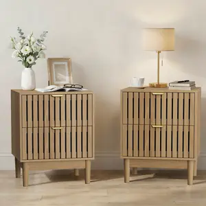 [Bellemave] 2Pcs Mid-Modern Oak Bedside Table| Grille Design & 2 Drawers| Wooden Side Table for Bedrooms & Living Room
