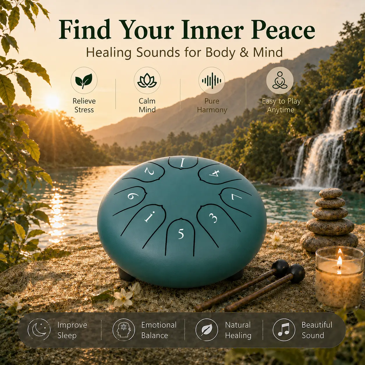 KACAFU 8-Note Steel Tongue Drum 6 Inch Rain Drum Carbon Steel Handpan for Meditation Yoga Sound Healing Beginner Instrument with Mallets Music Book Carry Bag