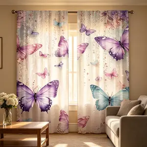 2-piece set, colorful butterflies fluttering, printed semi-transparent curtains, pole bag curtains, Sheer Printed Curtains, 100% polyester material, suitable for living room, bedroom and home decoration, machine washable, hookless