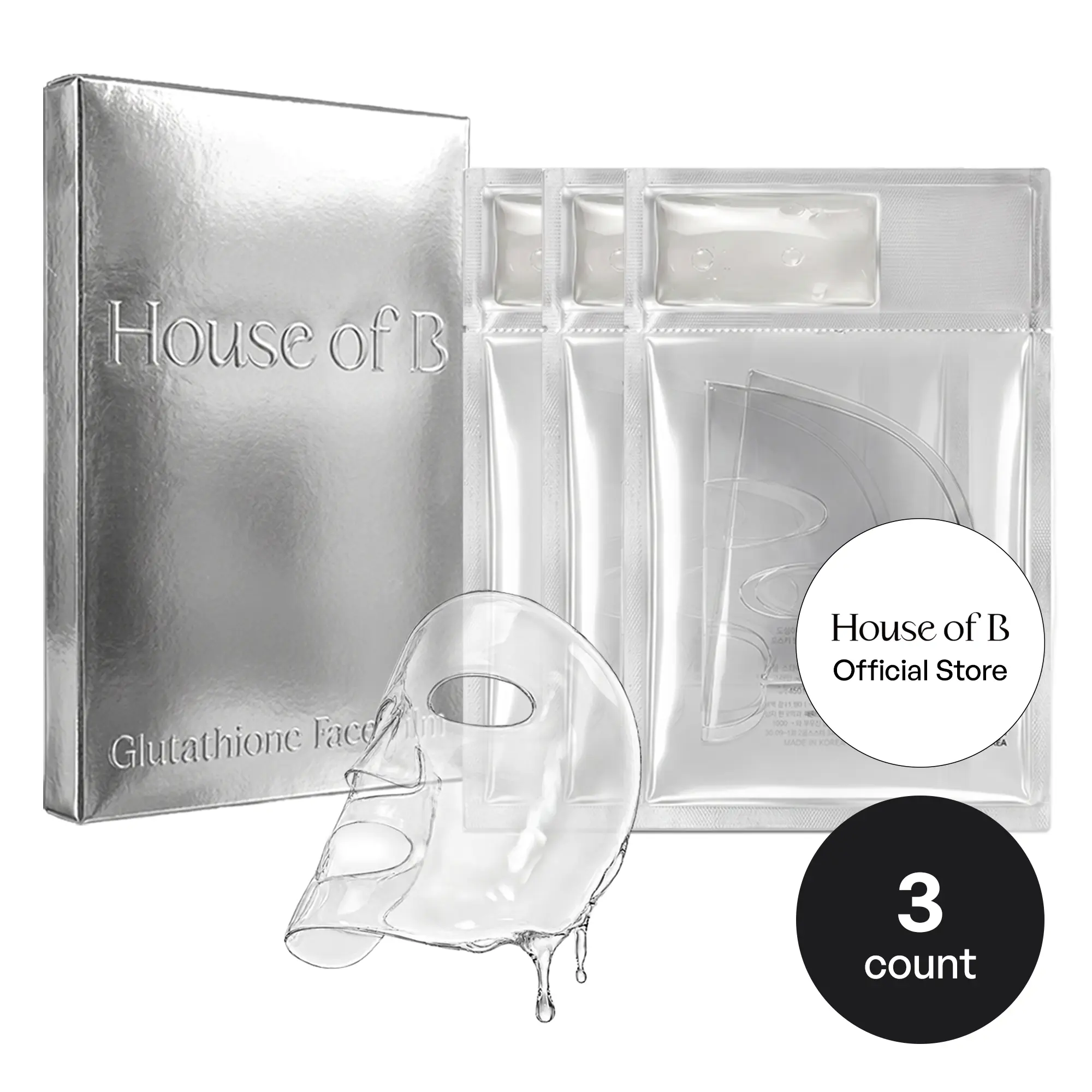 House of B Glutathione 2-Step Overnight Collagen Hydrogel Face Mask for Glass Skin Glow, 3 Count