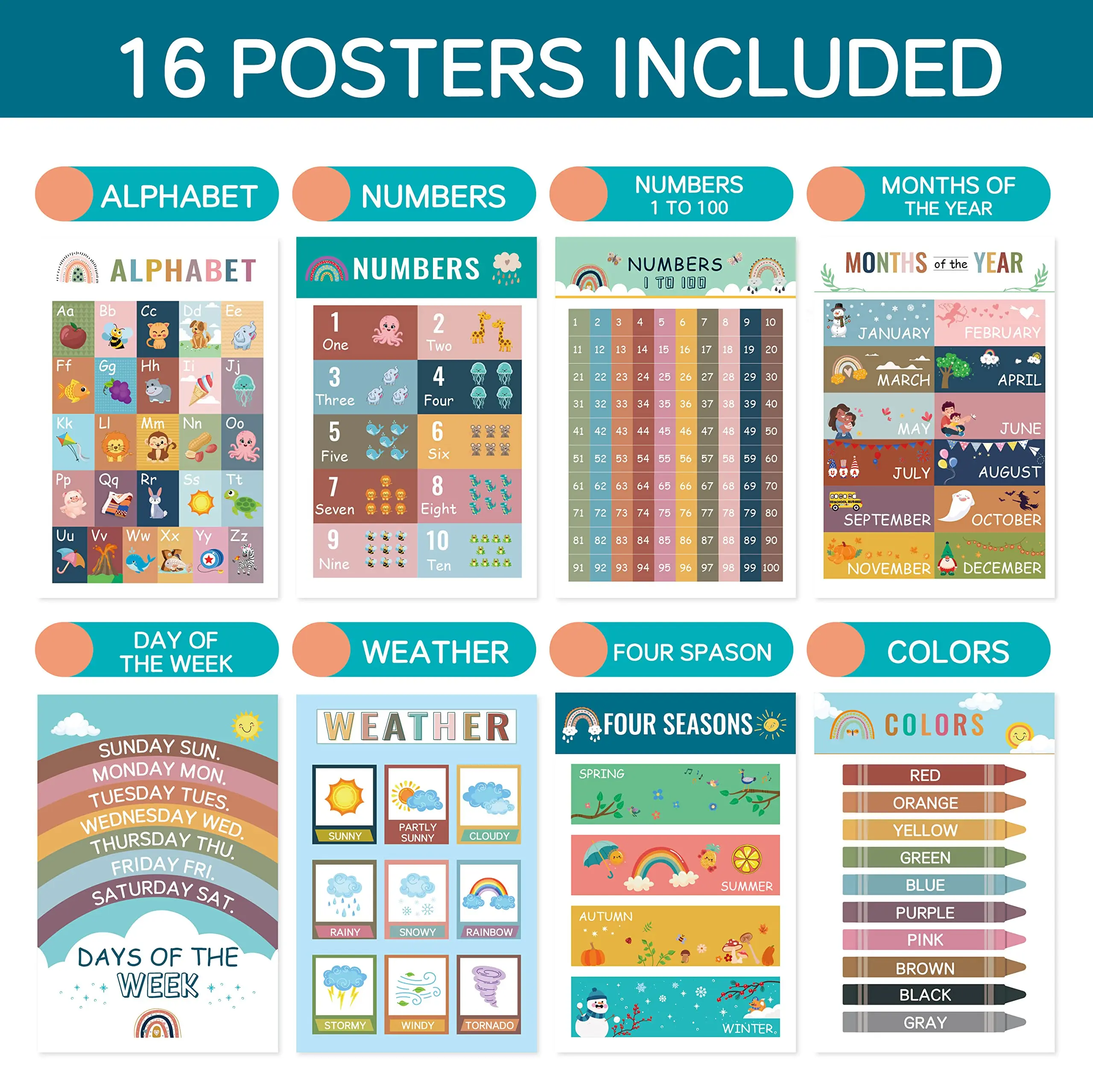 16 Boho Educational Adhesive Stickers Posters - Alphabet, Numbers, Weather, 4 Seasons, Colors - Toddler Early Learning Materials for Elementary Classrooms, Boho-Themed Rooms - summerwins