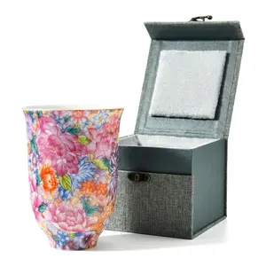 Hand-Painted Colorful Floral Porcelain Tea Cup | Full Bloom Flowers Chinese Kung Fu Tea Tumbler With Gift Box