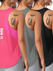 Women's Casual Loose-Fit Yoga Tank Tops, 3-Piece Set Breathable Stretchy Gym Shirts, All-Season Plain Color Sportswear, Yoga Sports Vest