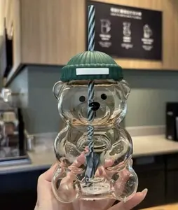 Limited Edition Starbuck Christmas Green Hat Bear Cold Glass Cup With Straw.Coffee Cup, Cold Drinks.Wonderful Gift For Girlfriends, Boyfriends, Lover, Sisters, Friends And Student.20oz / 591ml