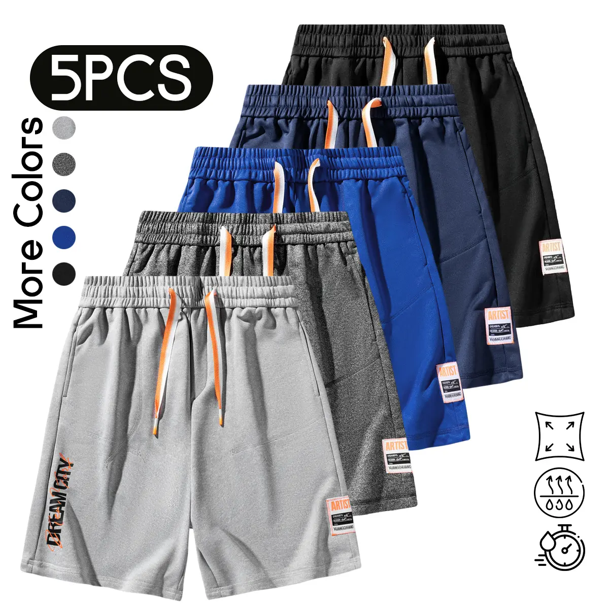 5PCS Men's Streetwear Sport Shorts - Comfy Elastic Waist Summer Sweat Shorts with Fashion Patch, Lightweight Hip Hop Activewear