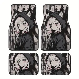 4pcs Girl in Hoodie Graffiti Wall Pattern Universal Car Floor Mats - Polyester Material, Non-Slip Liner, Easy to Clean, All-Season Use, Automotive Interior Accessories, Car Interior Accessory, Vehicle Protection