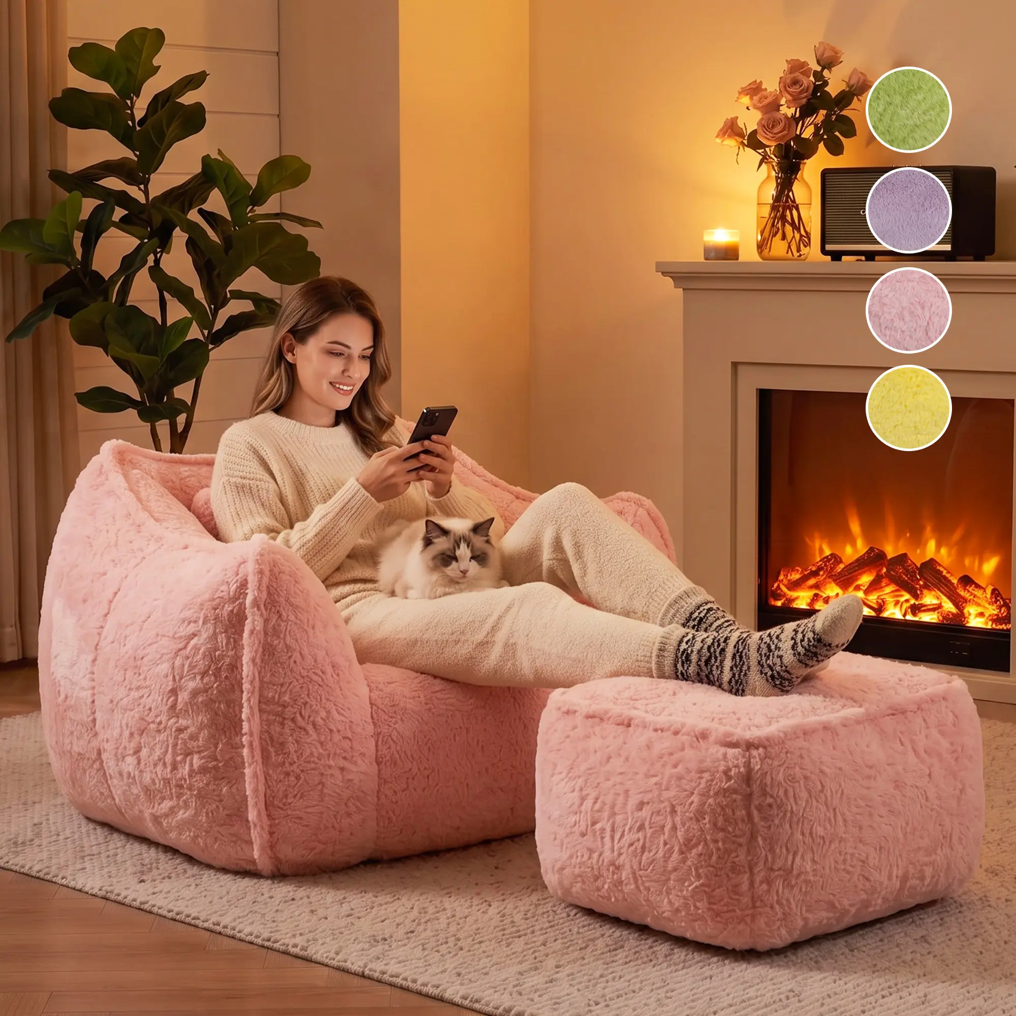 Bean Bag Loungers Chairs with Armrest, with Ottoman/Footstool, Fluffy PV Velvet fabric,for Adults and Kids, Lazy Floor Sofa with Memory Foam Filled, for Bedroom Living Room, Purple/Pink/Green/Yellow